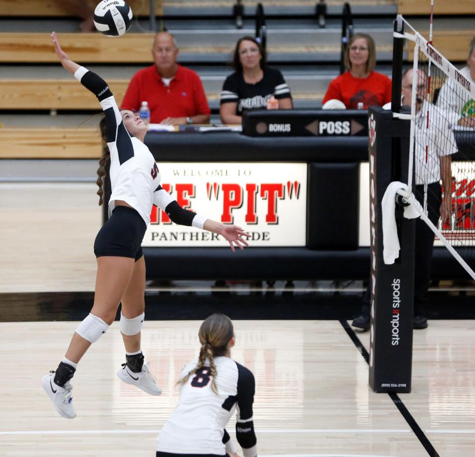NorthWood senior Karis Bennett goes up for a kill attempt during a match against Tippecanoe Valley Wednesday, Sept. 6, 2023, at NorthWood High School in Nappanee.