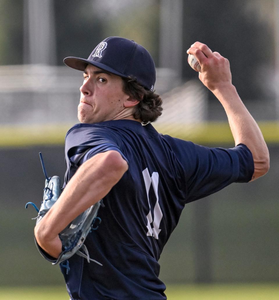 Redwood's Erik Rico pitches against El Diamante in an East Yosemite League high school baseball game Wednesday, March 13, 2024