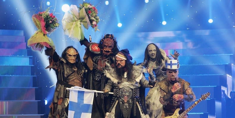 ATHENS - MAY 20: Monster rock band Lordi of Finland celebrate their victury at conclusion of the finals of the 2006 Eurovision Song Contest May 20, 2006 in Athens, Greece. (Photo by Sean Gallup/Getty Images)