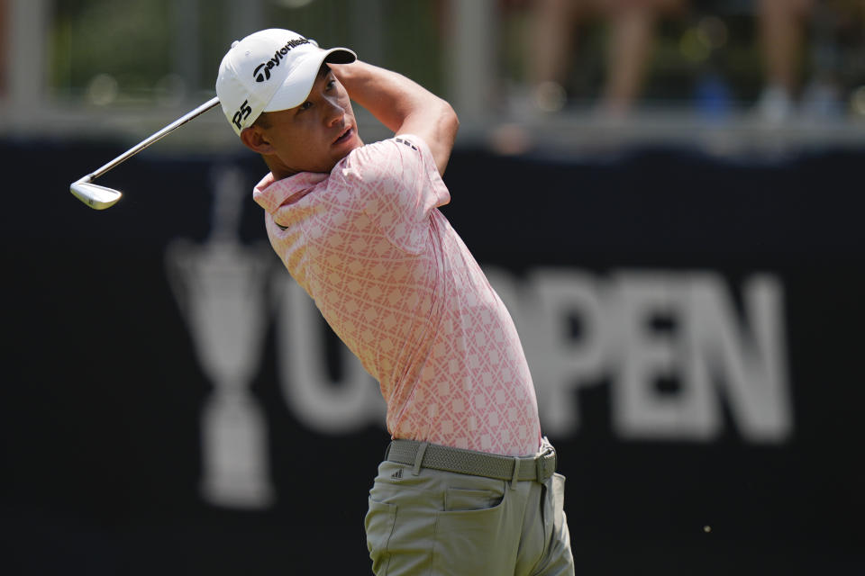 Collin Morikawa watches his tee shot on the sixth hole during the third round of the U.S. Open golf tournament Saturday, June 15, 2024, in Pinehurst, N.C. (AP Photo/Frank Franklin II)