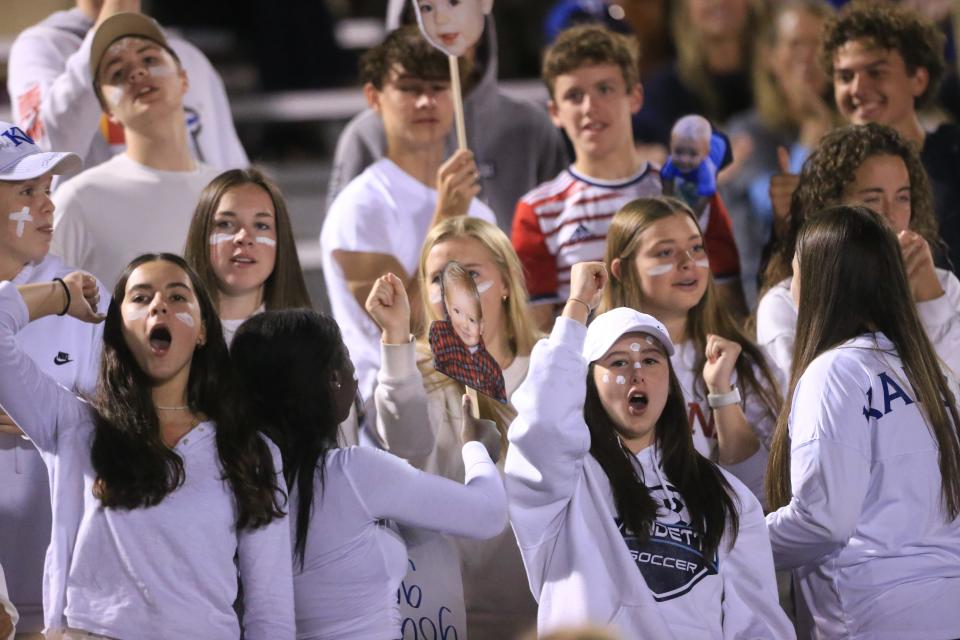 Cair Paravel's student section celebrates another touchdown against Maranatha during Friday's blowout win.
(Photo: Evert Nelson/The Capital-Journal)