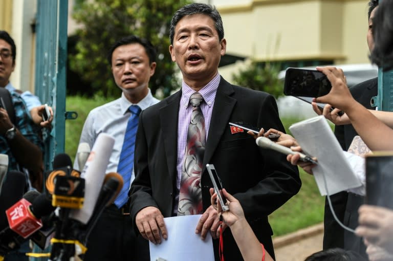 Former North Korean deputy ambassador to the UN, Ri Tong Il, addresses journalists outside the N. Korean embassy in Kuala Lumpur, on March 2, 2017