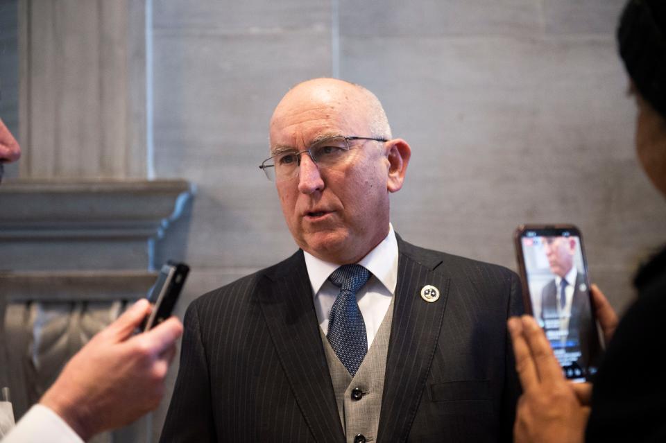 State Sen. Richard Briggs answers questions at the Tennessee state Capitol in Nashville on Jan. 10.