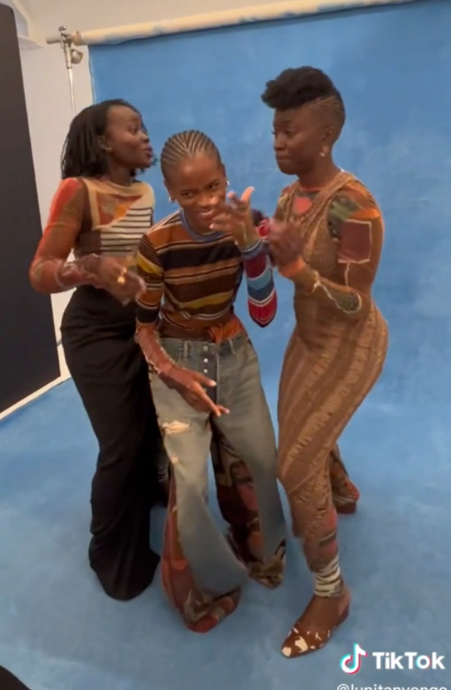 Screenshot of TikTok of Lupita, Letitia, and Danai dancing