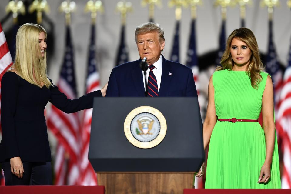 Ivanka Trump, President Donald Trump and and first lady Melania Trump before his acceptance speech for the Republican Party nomination on the South Lawn of the White House, August 27, 2020.