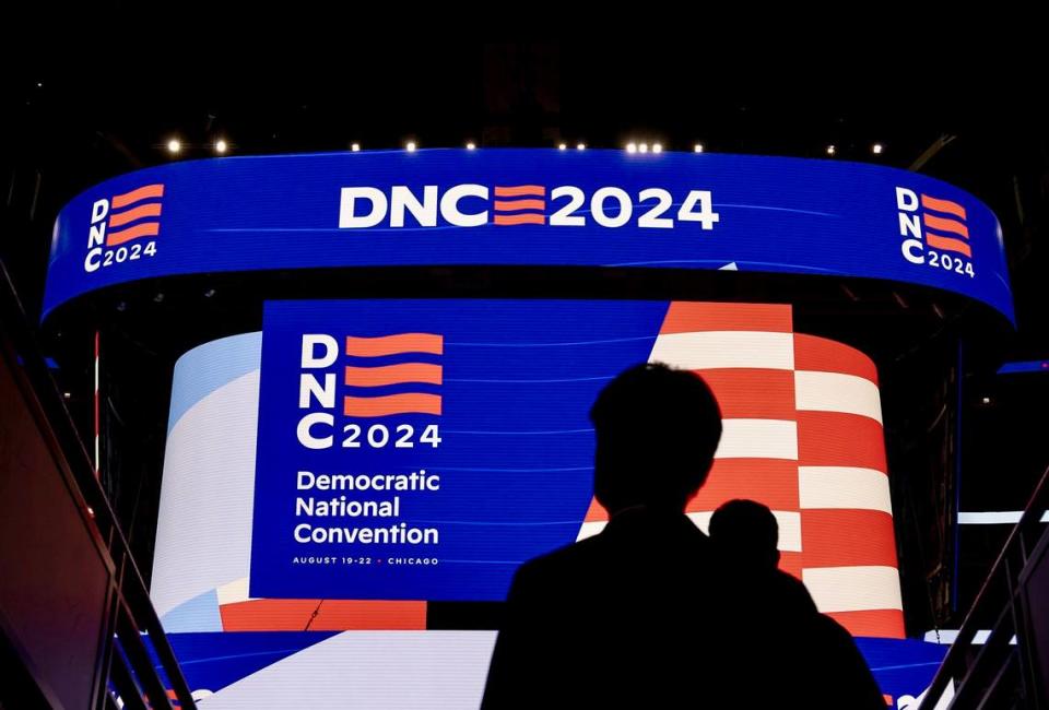 Signage is displayed during a walkthrough of the Democratic National Convention on May 22, 2024, at the United Center.