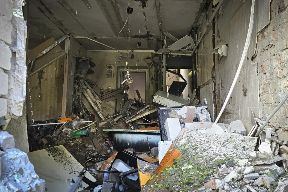 In this photo provided by Kherson Regional Military Administration, a destroyed apartment is seen at the site of a Russian army attack with guided aerial bombs in Kherson, Ukraine, Wednesday, May 15, 2024. (Kherson Regional Military Administration via AP)