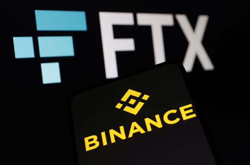 Illustration shows Binance and FTX logos