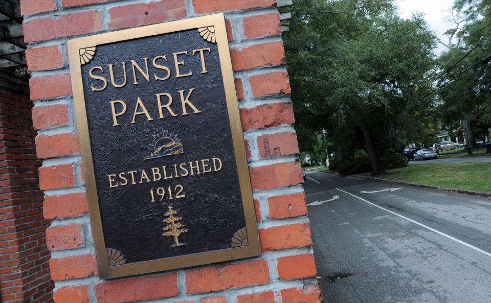 A plaque greets people to the Sunset Park neighborhood at the corner of Carolina Beach Road and Northern Boulevard in Wilmington.