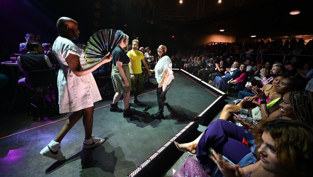 A fashion show takes place in front of the stage during the Love Your Labels presents Queer AF: Art + Fashion Fundraiser at the Palladium, Friday, Sept. 9, 2022. The event was part of Pride Worcester's annual Pride Week festivities.