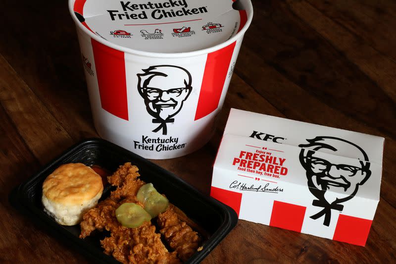 FILE PHOTO: Kentucky Fried Chicken (KFC) tenders, a bucket and box of chicken are seen in this picture illustration