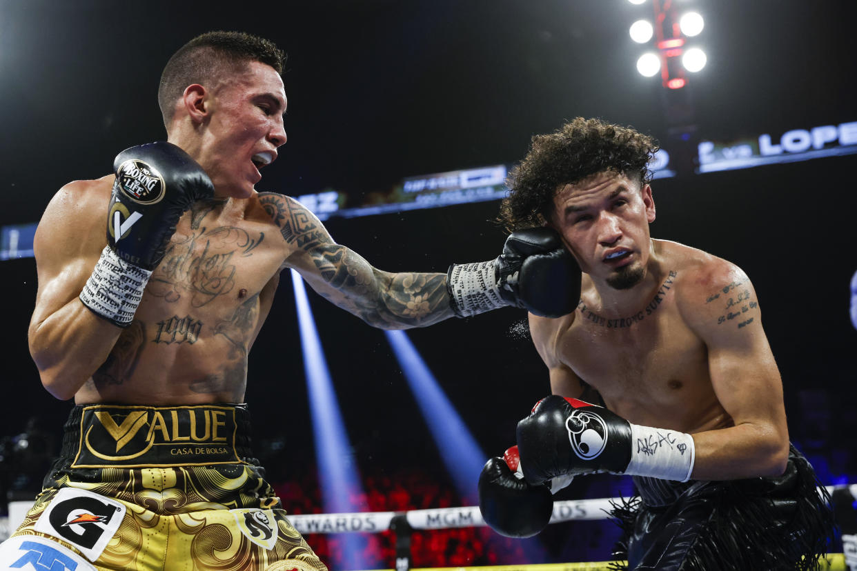 LAS VEGAS, NEVADA - MAY 20: Oscar Valdez of Mexico punches  Adam Lopez during their junior lightweight bout at MGM Grand Garden Arena on May 20, 2023 in Las Vegas, Nevada. (Photo by Sarah Stier/Getty Images)