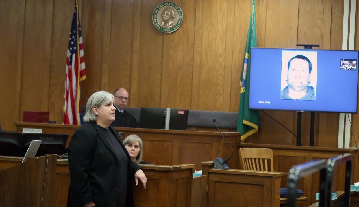 Kelly Montgomery, representing the Kitsap County Prosecuting Attorney's Office, speaks to jurors during her opening statement as the trial proceedings for Danie Jay Kelly Jr. and brothers Robert James Watson III and Johnny James Watson, who are accused of killing four members of the Careaga family in the greater Seabeck area in January 2017, begin in Kitsap County Superior Court on Monday, Nov. 27, 2023.