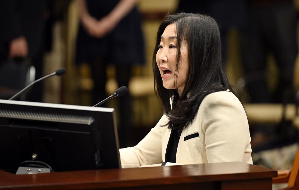 Sara Jones, CEO of InclusionPro, speaks against HB261 as Senate members of the Education Standing Committee hear comments on HB261 at the Capitol in Salt Lake City on Monday, Jan. 22, 2024. The bill received a favorable recommendation. | Scott G Winterton, Deseret News
