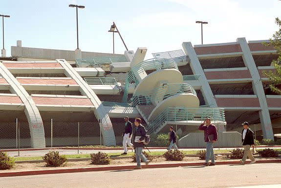 A collapsed parking structure at Cal State University Northridge, following the 1994 quake.