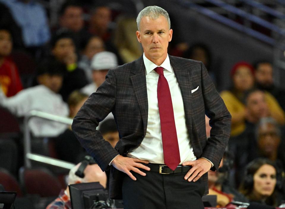 USC Trojans head coach Andy Enfield watches play from the bench in the second half against the Florida Gulf Coast Eagles at Galen Center.