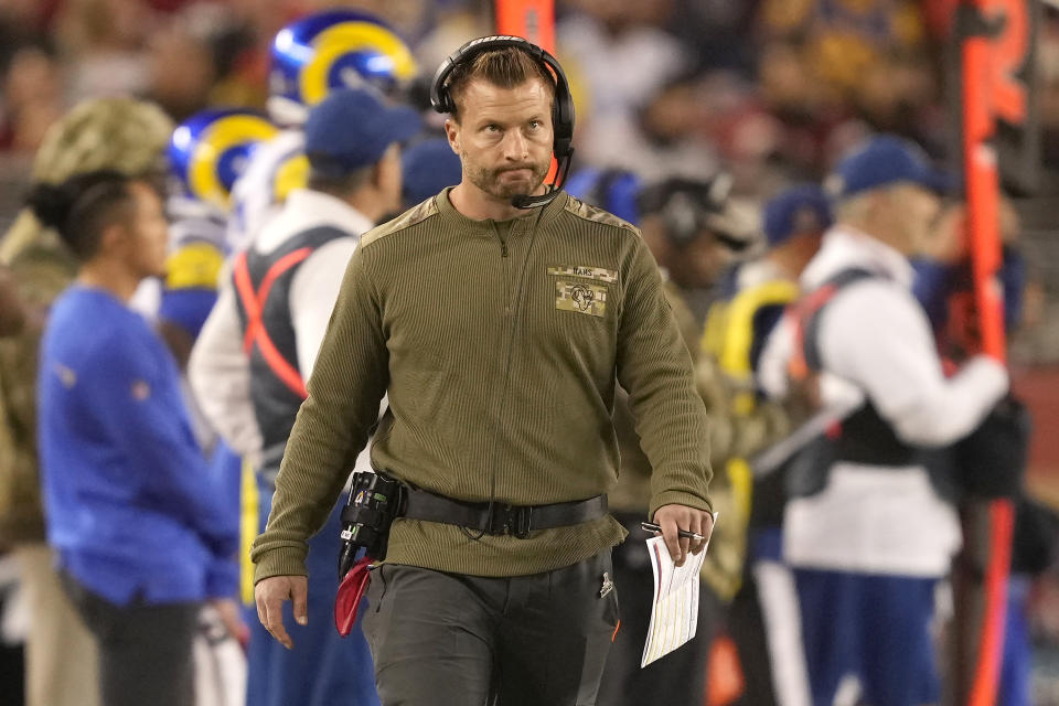 Los Angeles Rams head coach Sean McVay walks on the sideline during the first half of his team's NFL football game against the San Francisco 49ers in Santa Clara, Calif., Monday, Nov. 15, 2021. (AP Photo/Tony Avelar)