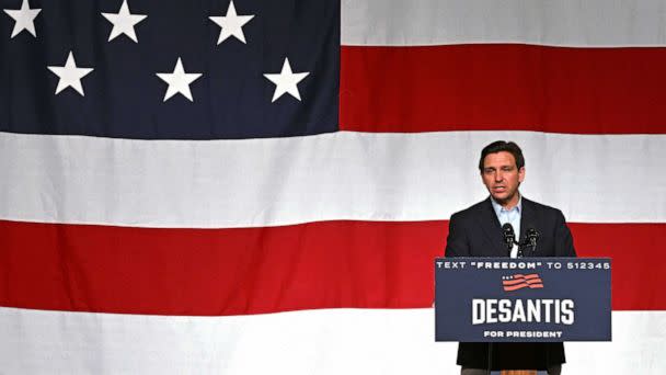 PHOTO: Florida Governor and 2024 Presidential hopeful Ron DeSantis speaks during his campaign kickoff event at Eternity Church in Clive, Iowa, on May 30, 2023. (Andrew Caballero-reynolds/AFP via Getty Images)