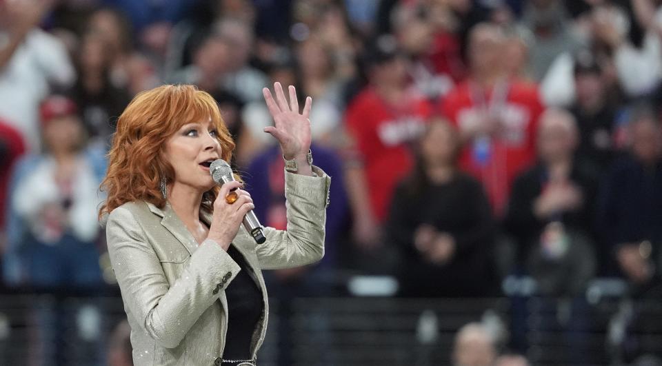 Reba McEntire sings the national anthem at Super Bowl 58 in Las Vegas on Feb. 11, 2024.