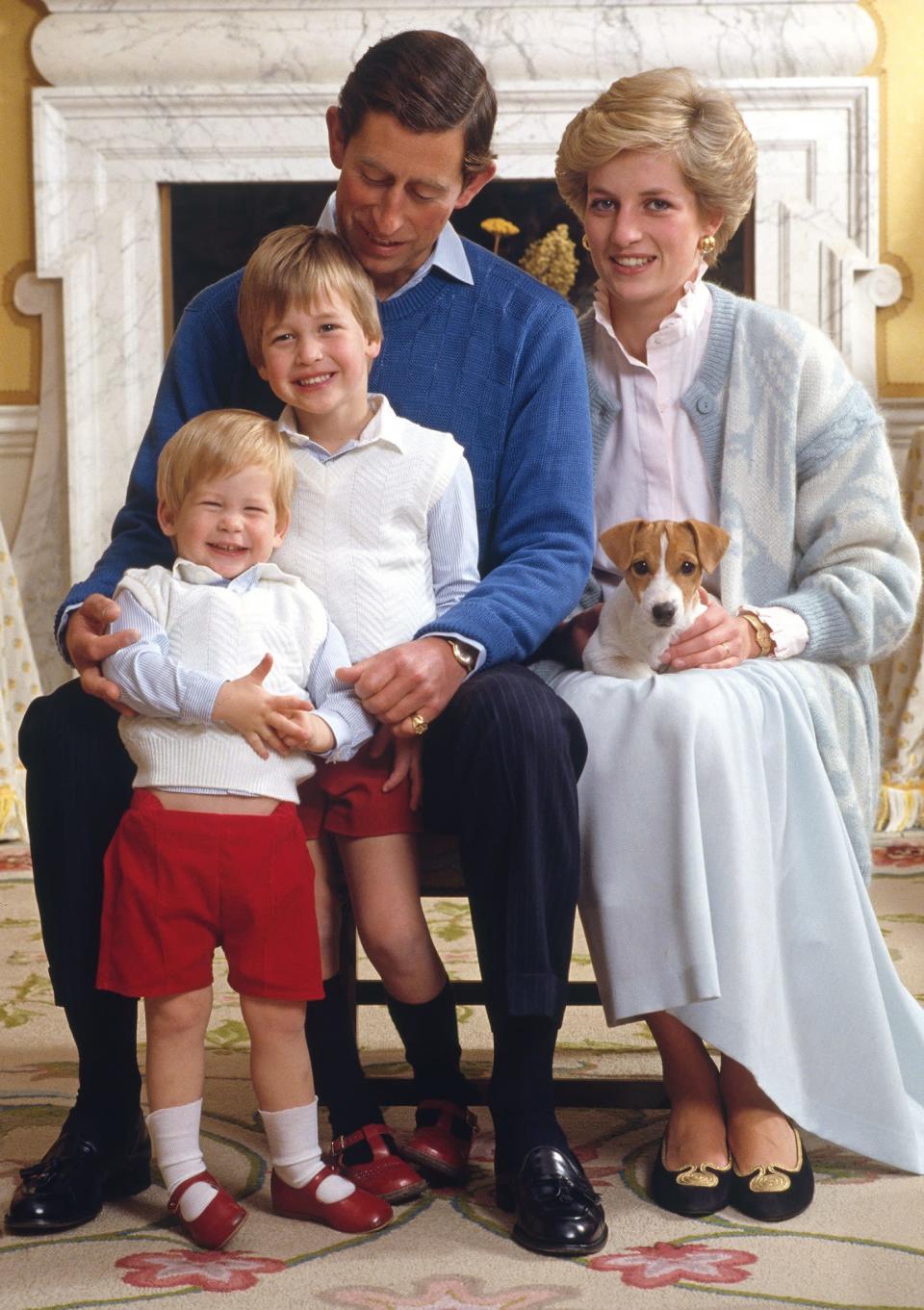 <p>For a family portrait (including a cute pup!), Diana coordinated her blue skirt with an oversized cardigan.</p>