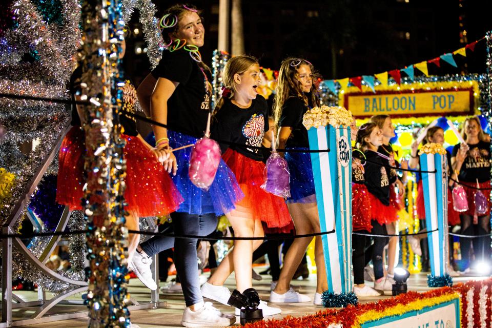 Members of the Bayshore Elementary Clogging Float perform during the 2023 Edison Festival of Light Grand Parade in Fort Myers on Saturday, Feb. 18, 2023.  