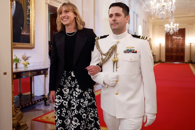 <p>Kevin Dietsch/Getty</p> Olympic gold medal swimmer Katie Ledecky arrives for the Medal of Freedom ceremony in the East Room of the White House on May 3, 2024 in Washington, DC.