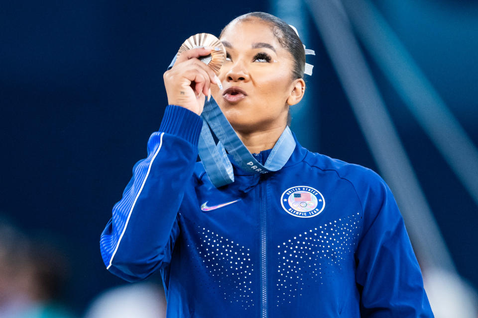 PARIS, FRANCE - AUGUST 5: Bronze medalist Jordan Chiles of Team United States celebrates after the Artistic Gymnastics Women's Floor Exercise Final on day ten of the Olympic Games Paris 2024 at the Bercy Arena on August 5, 2024 in Paris, France. (Photo by Tom Weller/VOIGT/GettyImages)