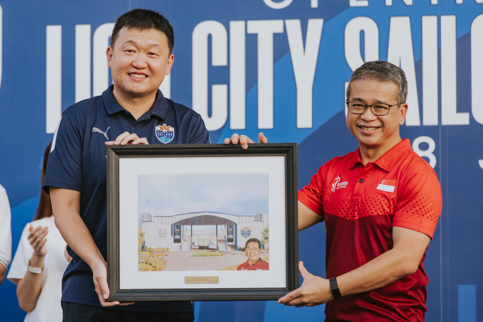 Lion City Sailors chairman Forrest Li (left) and Minister for Culture, Community and Youth Edwin Tong at the official opening of the SPL club's training centre. (PHOTO: Lion City Sailors)