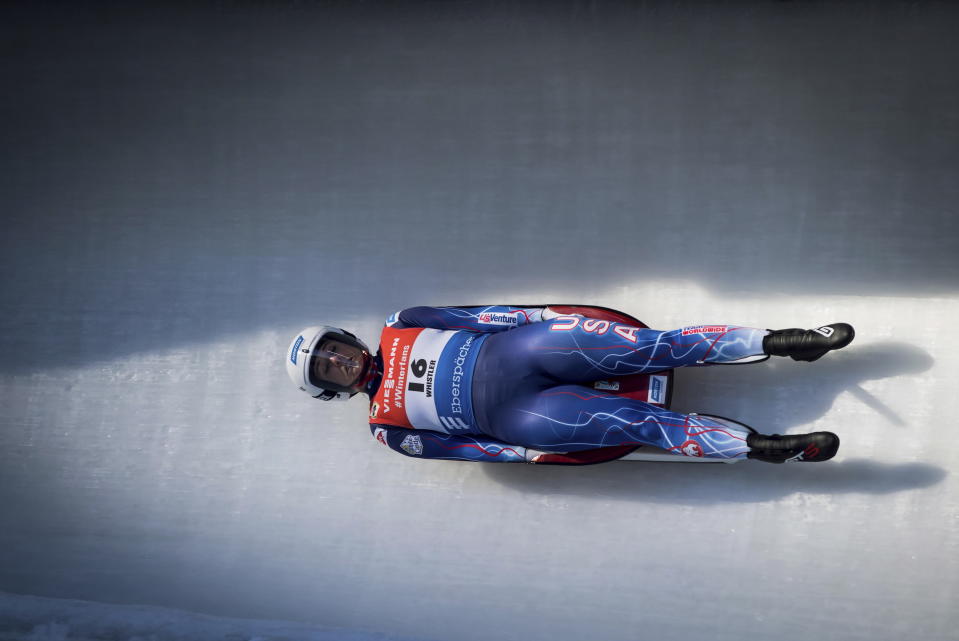 Emily Sweeney, of the United States, races down the track during a World Cup women's luge event in Whistler, British Columbia, on Saturday, Dec. 1, 2018. (Darryl Dyck/The Canadian Press via AP)