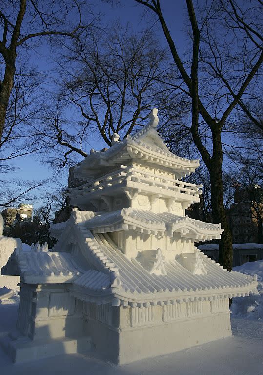 A snow sculpture is displayed at the Sapporo Snow Festival.