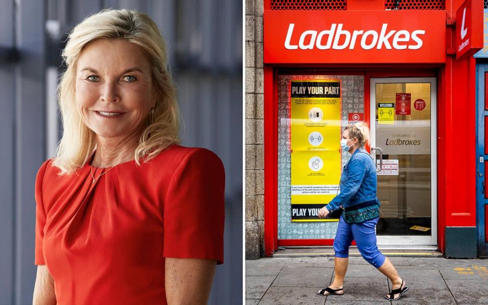 Jette Nygaard-Andersen (left), the CEO of Ladbrokes owner Entain has resigned amid claims that shareholders were unhappy with her leadership, dealmaking and private jet use (ES Composite)