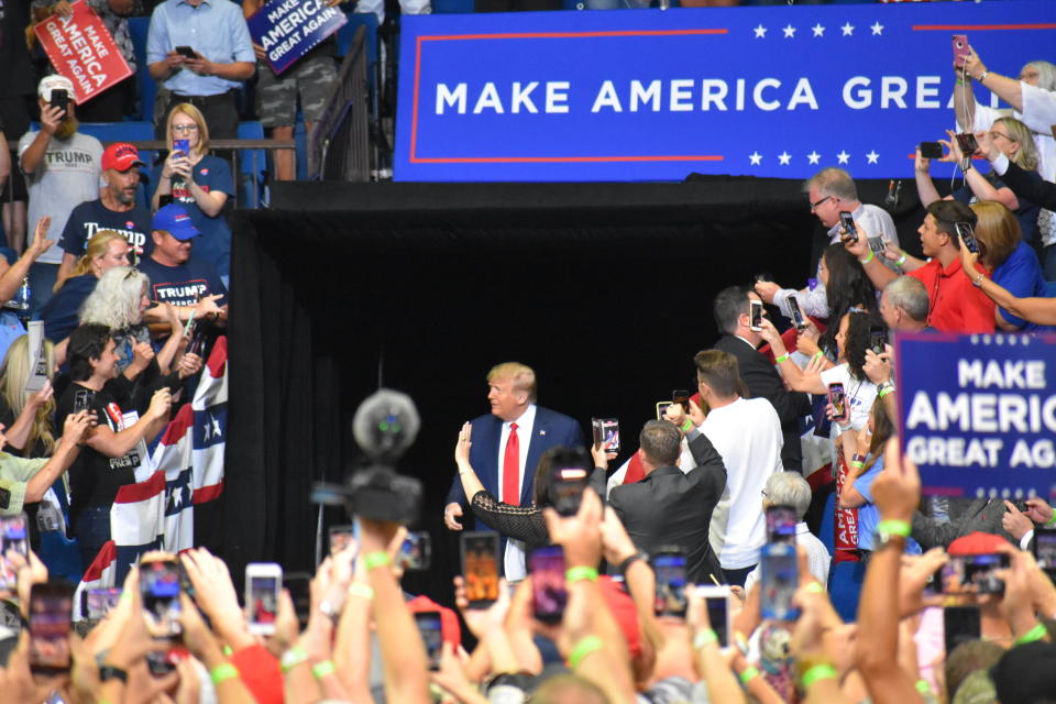 TULSA, USA - JUNE 20:  U.S. President Donald Trump meet his supporters at his ''Make America Great Again'' rally in Tulsa, Oklahoma, United States on June 20, 2020. (Photo by Kyle Mazza/Anadolu Agency via Getty Images)