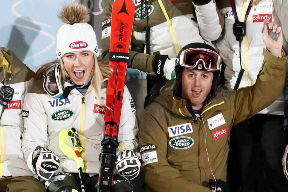 Mikaela Shiffrin sits next to coach Mike Day, in Zagreb, Croatia, on Jan. 4, 2020. She had an unexpected parting with her longtime coach, Mike Day, during the middle of the world championships.