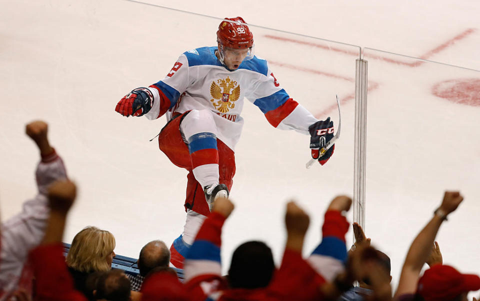 TORONTO, ON - SEPTEMBER 19: Evgeny Kuznetsov #92 of Team Russia celebrates a second period goal while playing Team North America during the World Cup of Hockey at the Air Canada Center on September 19, 2016 in Toronto, Canada. (Photo by Gregory Shamus/Getty Images)