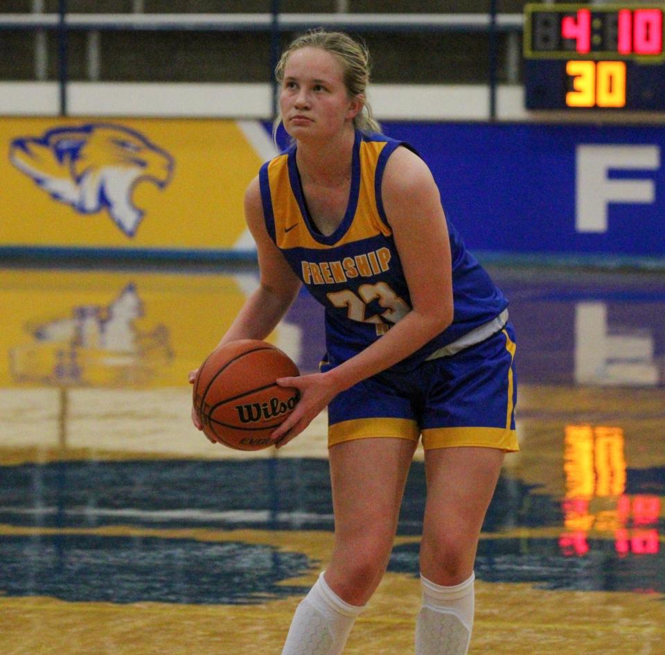 Frenship's Addisyn Bollinger prepares to shoot during the Hub City Tip Off girls basketball tournament at Frenship on Thursday, November 17, 2022.