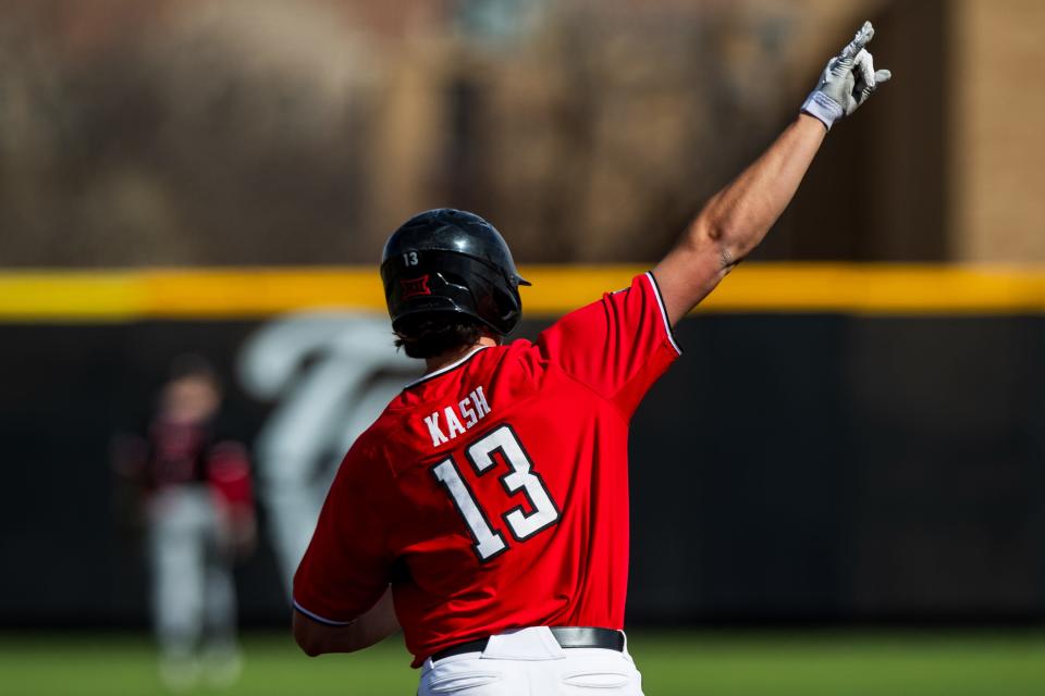 Texas Tech first baseman Gavin Kash, shown in a game earlier this season, had three doubles, a single and three runs batted in Sunday, leading the Red Raiders over No. 24 West Virginia in the first game of a home doubleheader.