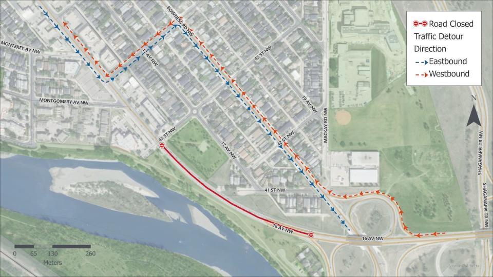 City officials say that the areas along 16th Avenue N.W. indicated in red on this map remain closed.