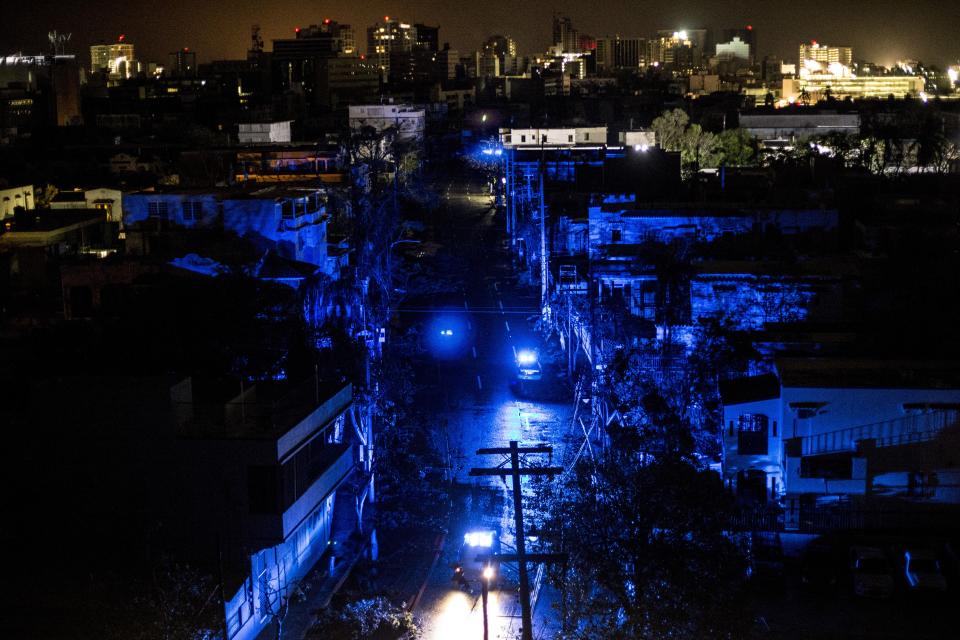 <p>San Juan is seen during a blackout after Hurricane Maria made landfall on Sept. 20, 2017 in Puerto Rico. (Photo: Alex Wroblewski/Getty Images) </p>
