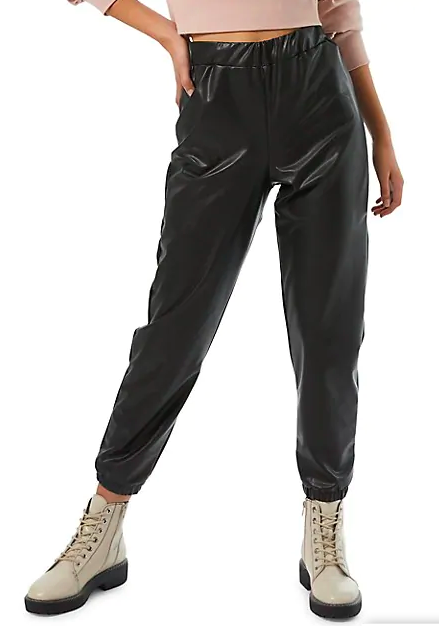 Miss Selfridge faux leather jogger pants in black