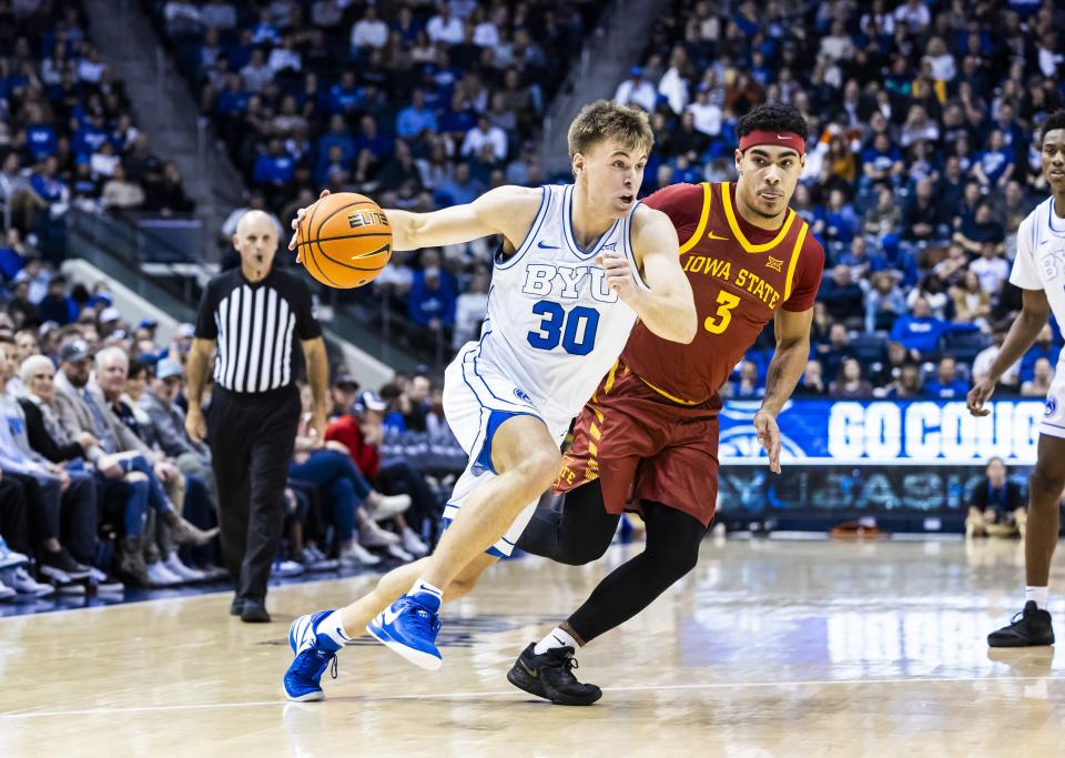 BYU’s Dallin Hall drives to the hoop against Iowa State during the Cougars’ 87-72 win over the Cyclones at the Marriott Center in Provo on Tuesday, Jan. 16, 2024. | Rebeca Fuentes, BYU Photo