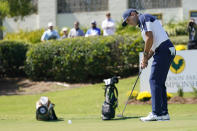 Sergio Garcia, of Spain, putts for a birdie on the ninth green during the second round of the Sanderson Farms Championship golf tournament in Jackson, Miss., Friday, Oct. 2, 2020. (AP Photo/Rogelio V. Solis)