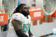 Miami Dolphins offensive guard Solomon Kindley (66) reacts from the bench as the Dolphins lose 35-0 to the Buffalo Bills, in an NFL football game, Sunday, Sept. 19, 2021, in Miami Gardens, Fla. (AP Photo/Wilfredo Lee)