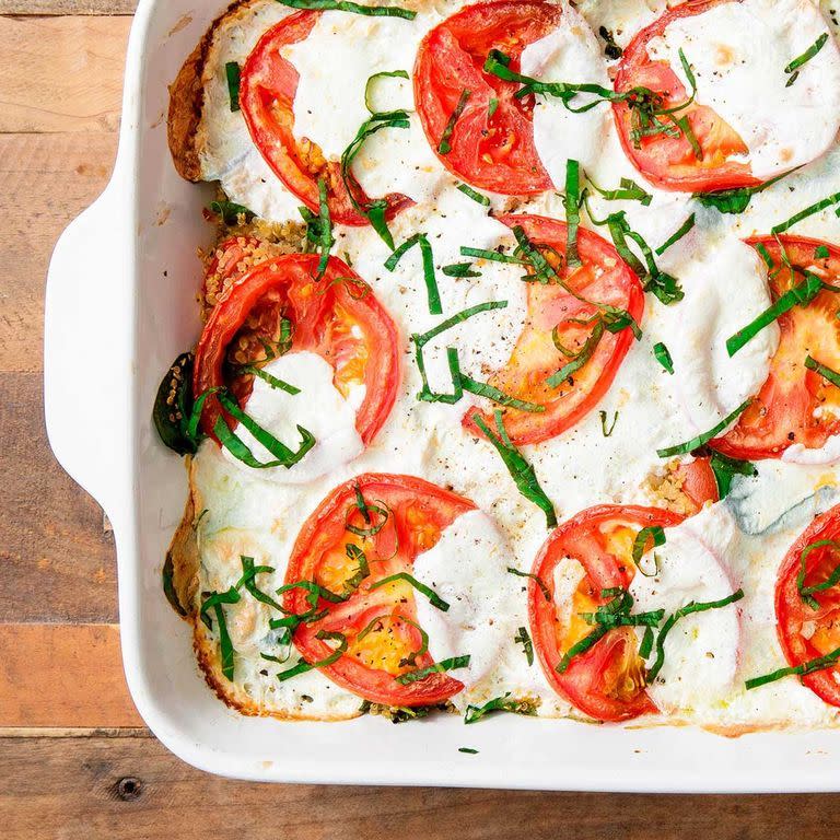 <p>Cheese tip: look for <strong>low moisture</strong> fresh mozzarella in your grocery store. It'll stay more firm, and release less water. </p>Get the <a href="https://www.delish.com/uk/cooking/recipes/a32183261/caprese-quinoa-bake-recipe/" rel="nofollow noopener" target="_blank" data-ylk="slk:Caprese Quinoa Bake;elm:context_link;itc:0;sec:content-canvas" class="link ">Caprese Quinoa Bake</a> recipe.