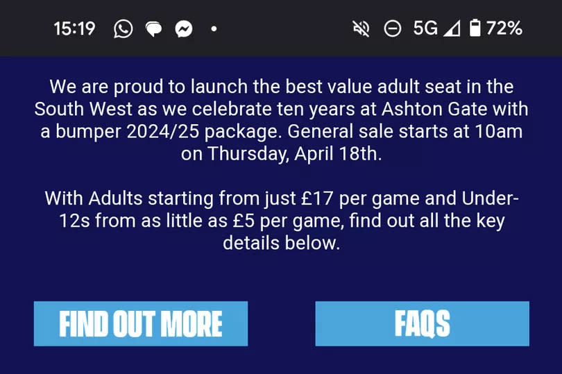 A screenshot of the email Bristol Bears season ticket holders received on April 9, 2024