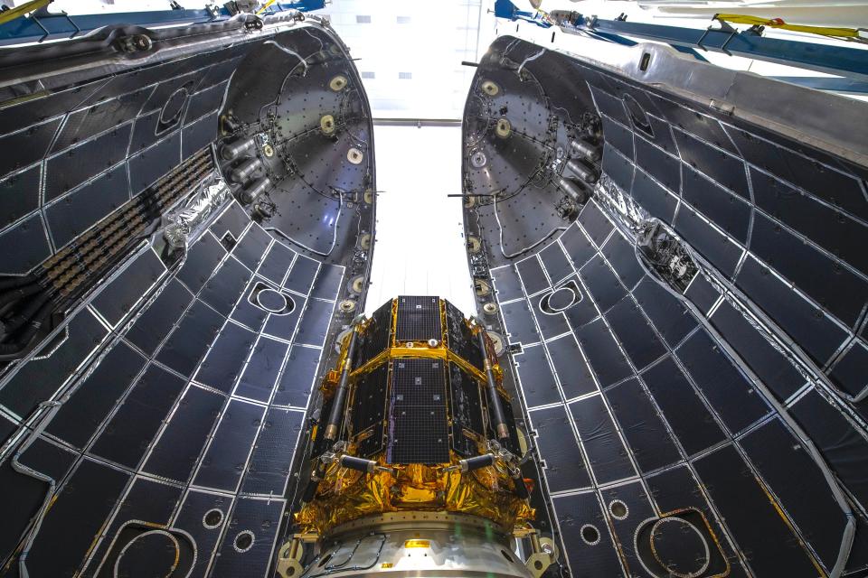 ispace's HAKUTO-R Mission 1 lunar lander is seen during integration with a SpaceX Falcon 9 rocket at Cape Canaveral Space Force Station in November 2022.