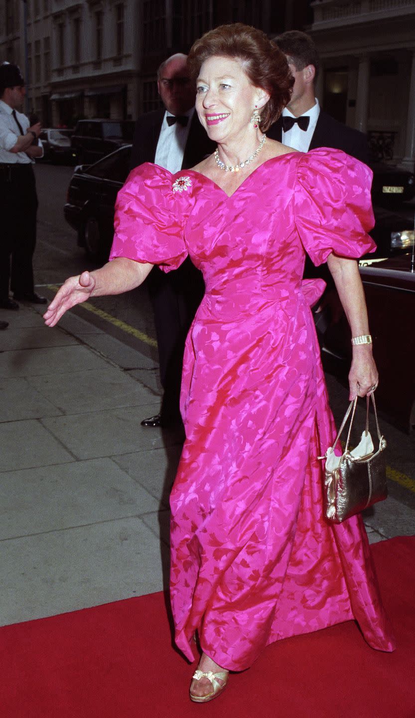 <p>The Princess dons a bright pink gown at Claridges on June 5, 1992.</p>