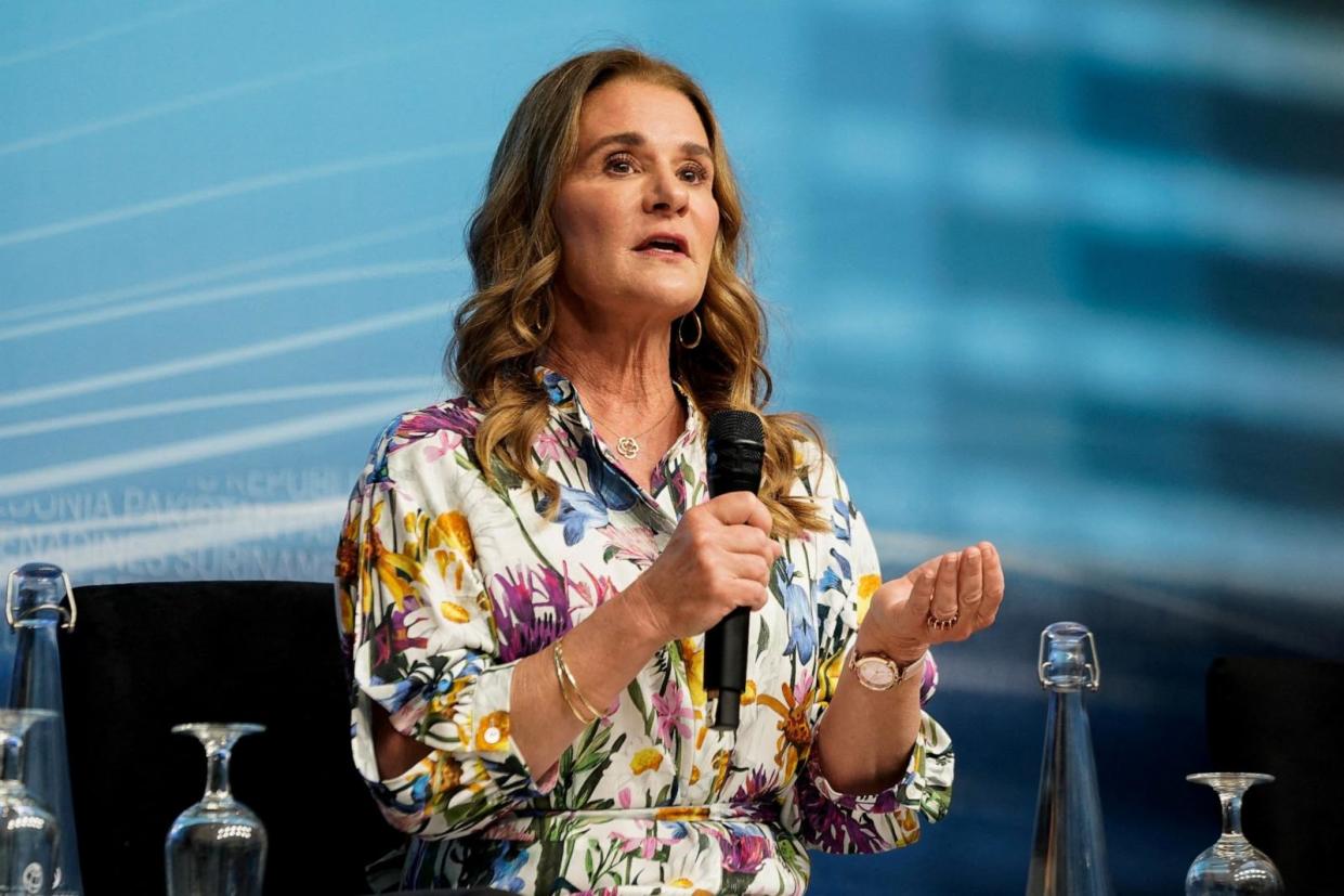 PHOTO: Melinda Gates participates in a panel titled 'Empowering Women as Entrepreneurs and Leaders' at the 2023 Spring Meetings of the World Bank Group and the International Monetary Fund in Washington, U.S., April 13, 2023. (Elizabeth Frantz/Reuters, FILE)