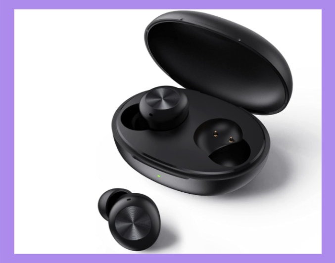 Black wireless earbuds in accompanying charging case
