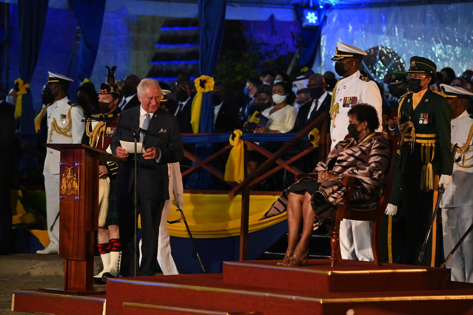 BRIDGETOWN, BARBADOS - NOVEMBER 30:  Prince Charles, Prince of Wales speaks as President of Barbados, Dame Sandra Mason looks on during the Presidential Inauguration Ceremony at Heroes Square on November 30, 2021 in Bridgetown, Barbados. The Prince of Wales arrived in the country ahead of its transition to a republic within the Commonwealth. This week, it formally removes Queen Elizabeth as its head of state and the current governor-general, Dame Sandra Mason, will be sworn in as president. (Photo by Jeff J Mitchell - Pool/Getty Images)