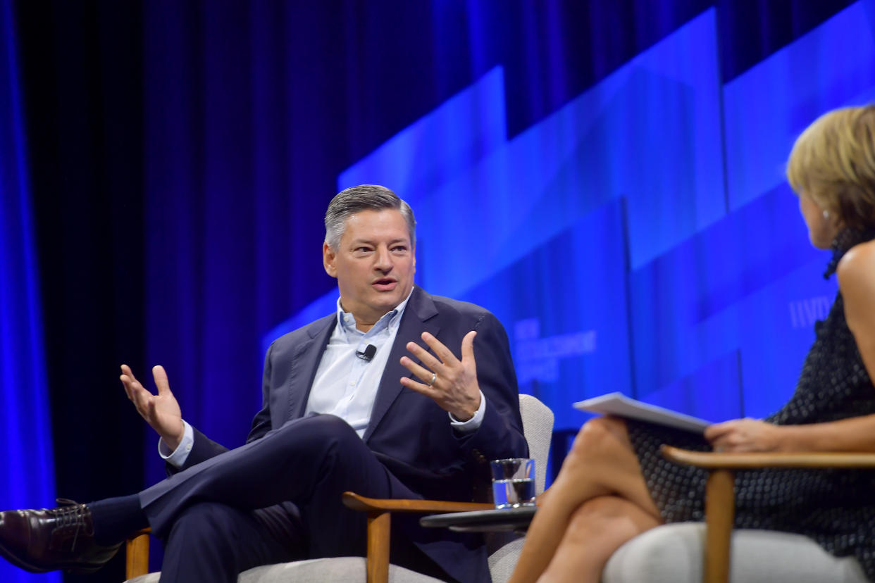 BEVERLY HILLS, CALIFORNIA - OCTOBER 23: (L-R) Ted Sarandos, Chief Content Officer at Netflix and Katie Couric speak onstage during 'Play Next Episode' at Vanity Fair's 6th Annual New Establishment Summit at Wallis Annenberg Center for the Performing Arts on October 23, 2019 in Beverly Hills, California. (Photo by Matt Winkelmeyer/Getty Images for Vanity Fair)